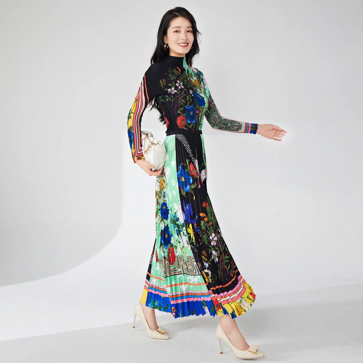 Women'S High Quality Elegant Loose Casual Style Two-Piece Set Summer Polyester Top and Midi Length Pleated Skirt