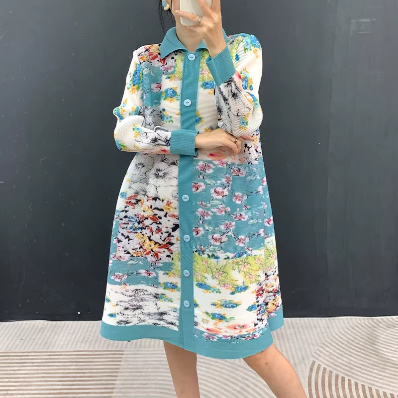 Wholesale Trendy Print Button down Shirt Style Knee Length High Density Fabric Women Plisse Gown Dress