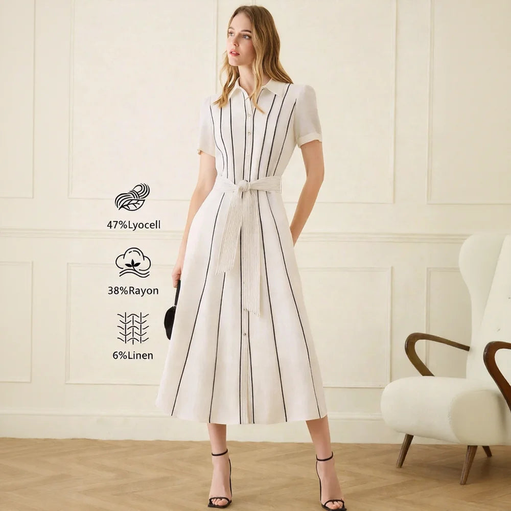 Empire Casual Striped Shirt Dress Short Sleeve Belted Waist Midi Length Office Wear Breathable 