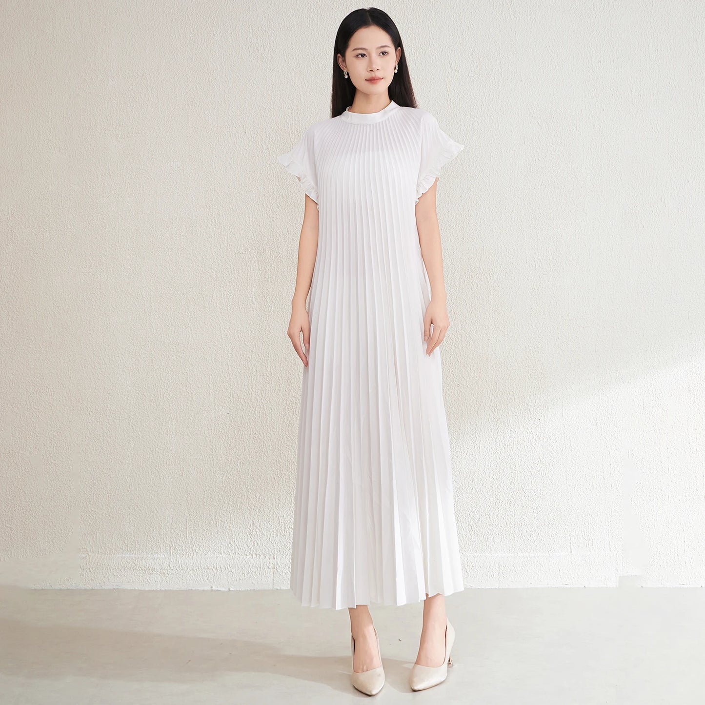 High Quality Pleated Dress Factory Direct Sales New Style Ruffle Short Sleeve Pleated Design Loose Elegant Midi Casual Dress