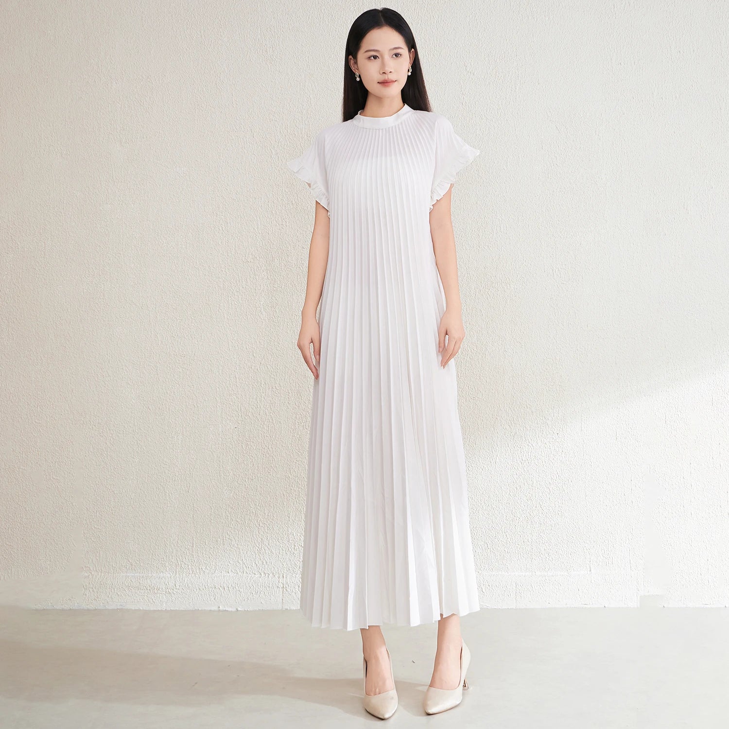 High Quality Pleated Dress Factory Direct Sales New Style Ruffle Short Sleeve Pleated Design Loose Elegant Midi Casual Dress