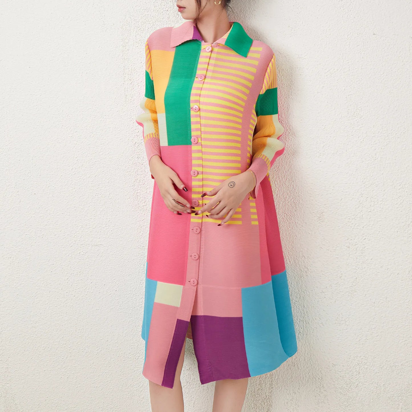 Latest Miyake Pleated Dress Women'S Casual Dress Print Loose Elastic Stretch Color Block plus Size Shirt Dresses