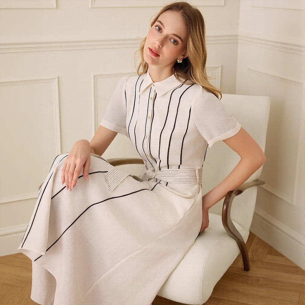 Empire Casual Striped Shirt Dress Short Sleeve Belted Waist Midi Length Office Wear Breathable 