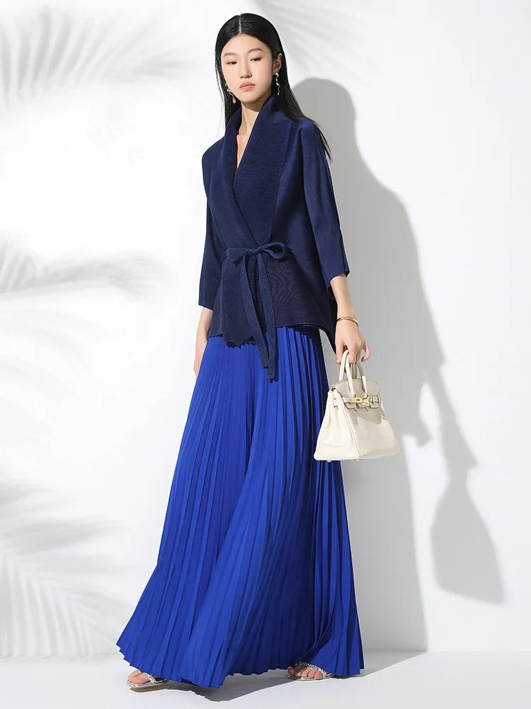Pleated Solid Fashionable Elegant Suit Women Turn-Down Collar Three-Quarter Sleeves Irregular Tie Top High-Waisted Draped Long