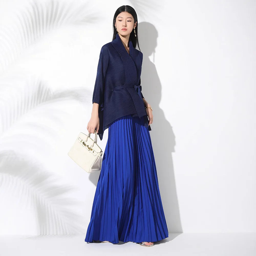Pleated Solid Fashionable Elegant Suit Women Turn-Down Collar Three-Quarter Sleeves Irregular Tie Top High-Waisted Draped Long