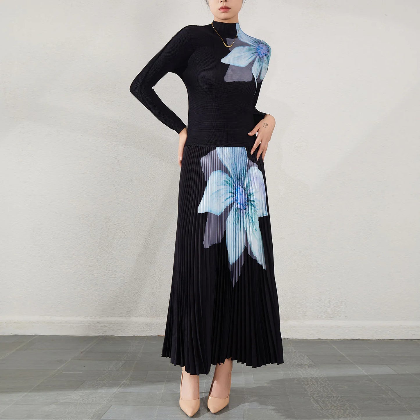 Middle Eastern Women'S Printed Pleated Co-Ord Set Long-Sleeve Top and Long Pleated Skirt Two-Piece Outfit Woven