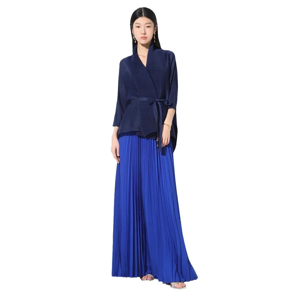 Pleated Solid Fashionable Elegant Suit Women Turn-Down Collar Three-Quarter Sleeves Irregular Tie Top High-Waisted Draped Long