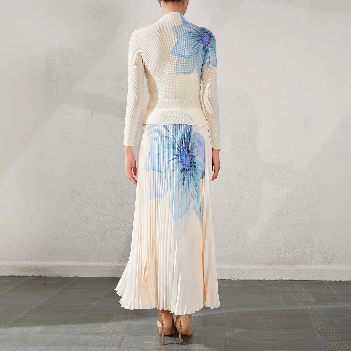 Middle Eastern Women'S Printed Pleated Co-Ord Set Long-Sleeve Top and Long Pleated Skirt Two-Piece Outfit Woven