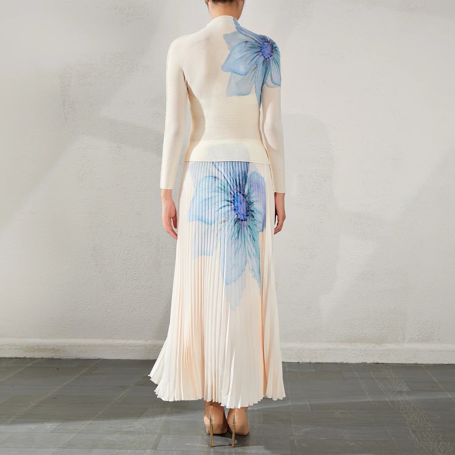 Middle Eastern Women'S Printed Pleated Co-Ord Set Long-Sleeve Top and Long Pleated Skirt Two-Piece Outfit Woven