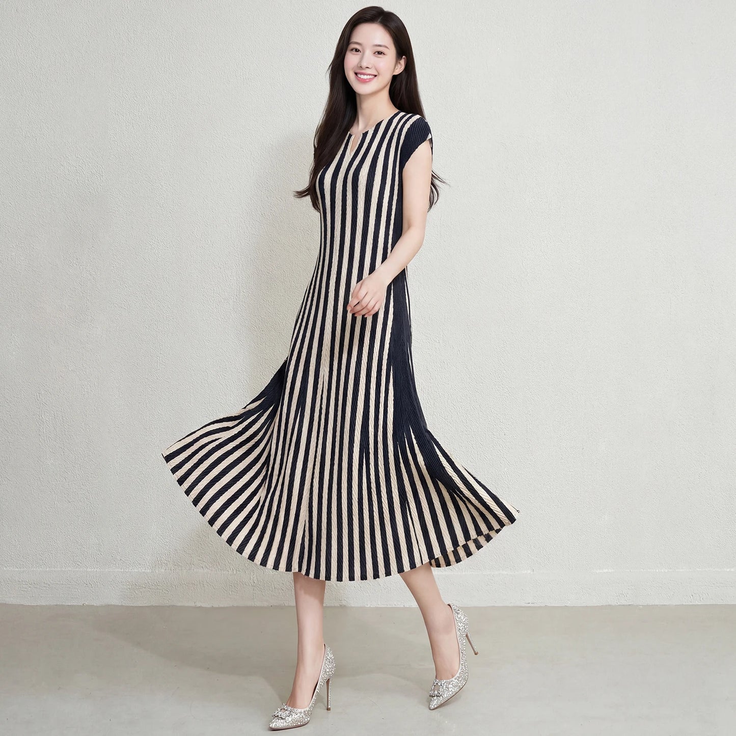 Design Women'S Casual Short Sleeve Striped Dress Miyake Pleated Dress