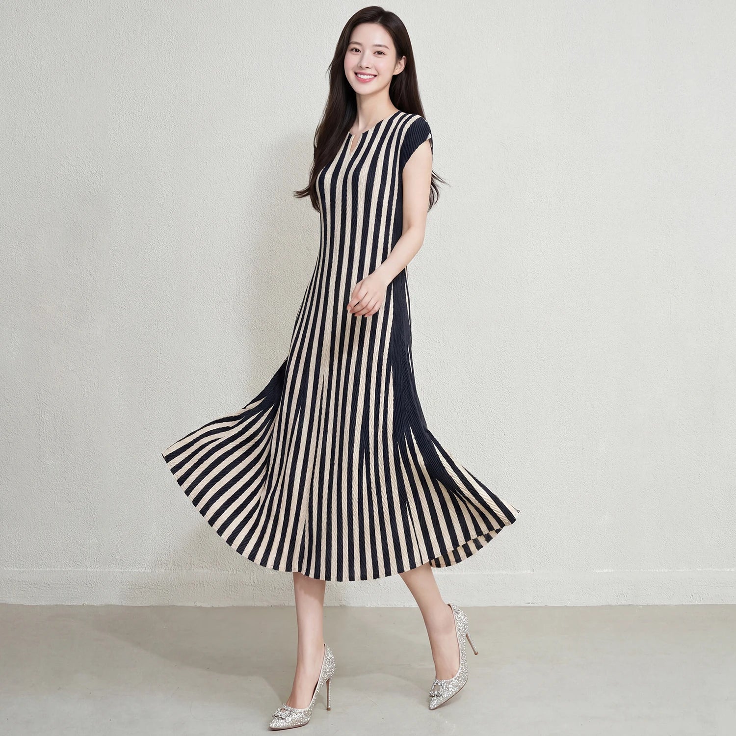 Design Women'S Casual Short Sleeve Striped Dress Miyake Pleated Dress