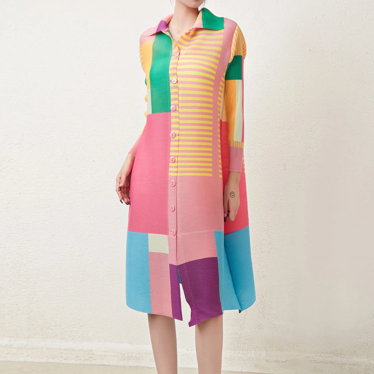 Latest Miyake Pleated Dress Women'S Casual Dress Print Loose Elastic Stretch Color Block plus Size Shirt Dresses