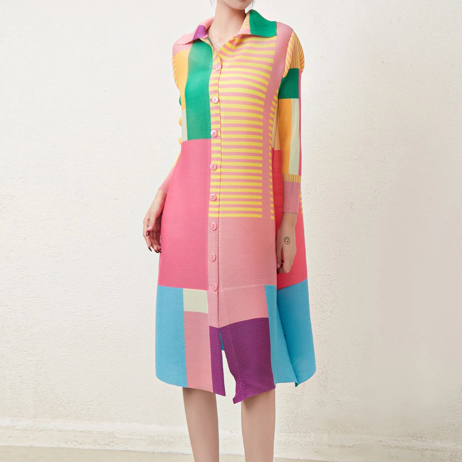 Latest Miyake Pleated Dress Women'S Casual Dress Print Loose Elastic Stretch Color Block plus Size Shirt Dresses
