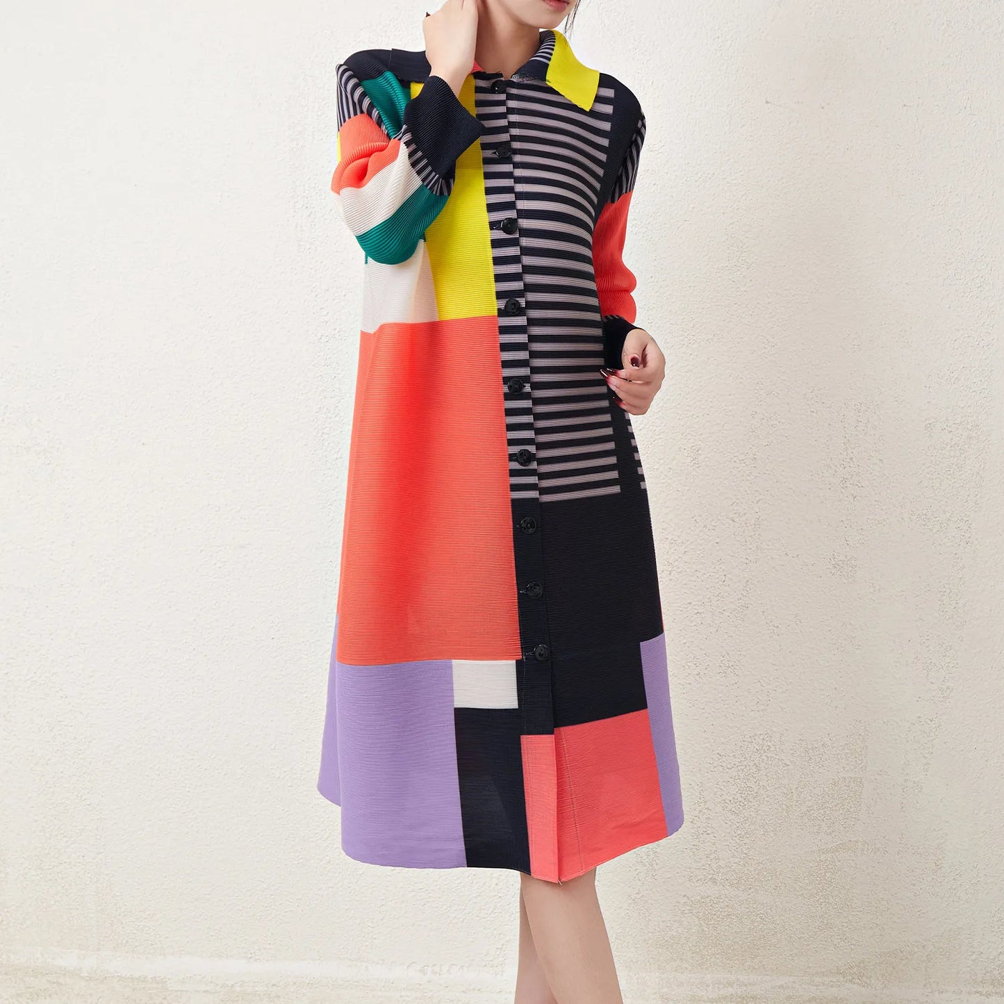 Latest Miyake Pleated Dress Women'S Casual Dress Print Loose Elastic Stretch Color Block plus Size Shirt Dresses