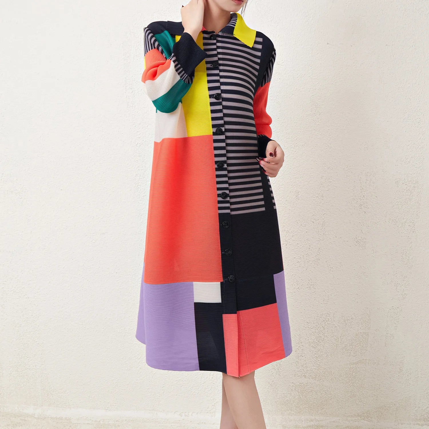 Latest Miyake Pleated Dress Women'S Casual Dress Print Loose Elastic Stretch Color Block plus Size Shirt Dresses