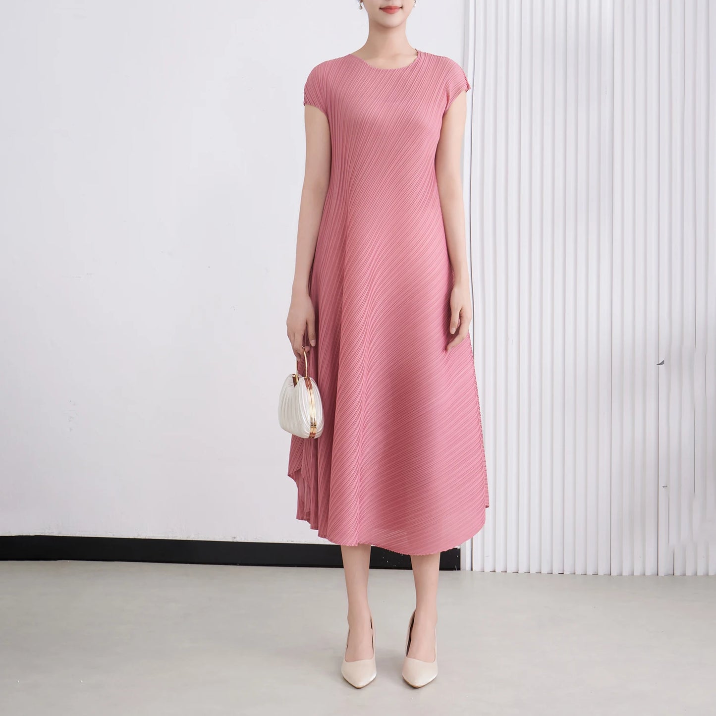 Miyake Woven Washable Pleated Maxi A-Line Dress Women'S Casual Short Sleeve Solid