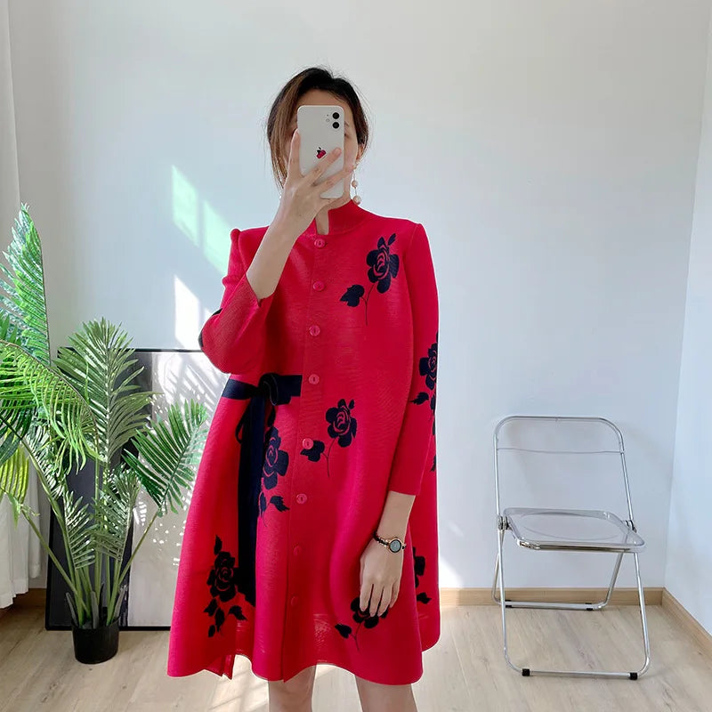 Summer Printing Pleats Dress Knee-Length Pleated Dresses All-Match Loose Women'S plus Size Casual Clothing