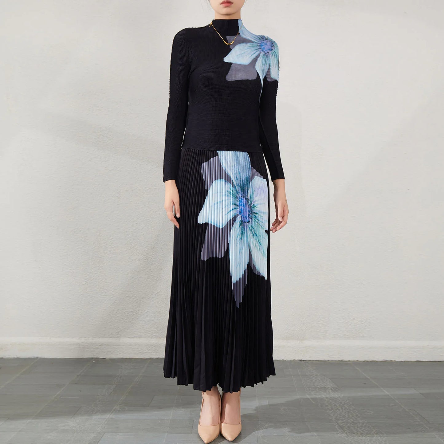 Middle Eastern Women'S Printed Pleated Co-Ord Set Long-Sleeve Top and Long Pleated Skirt Two-Piece Outfit Woven