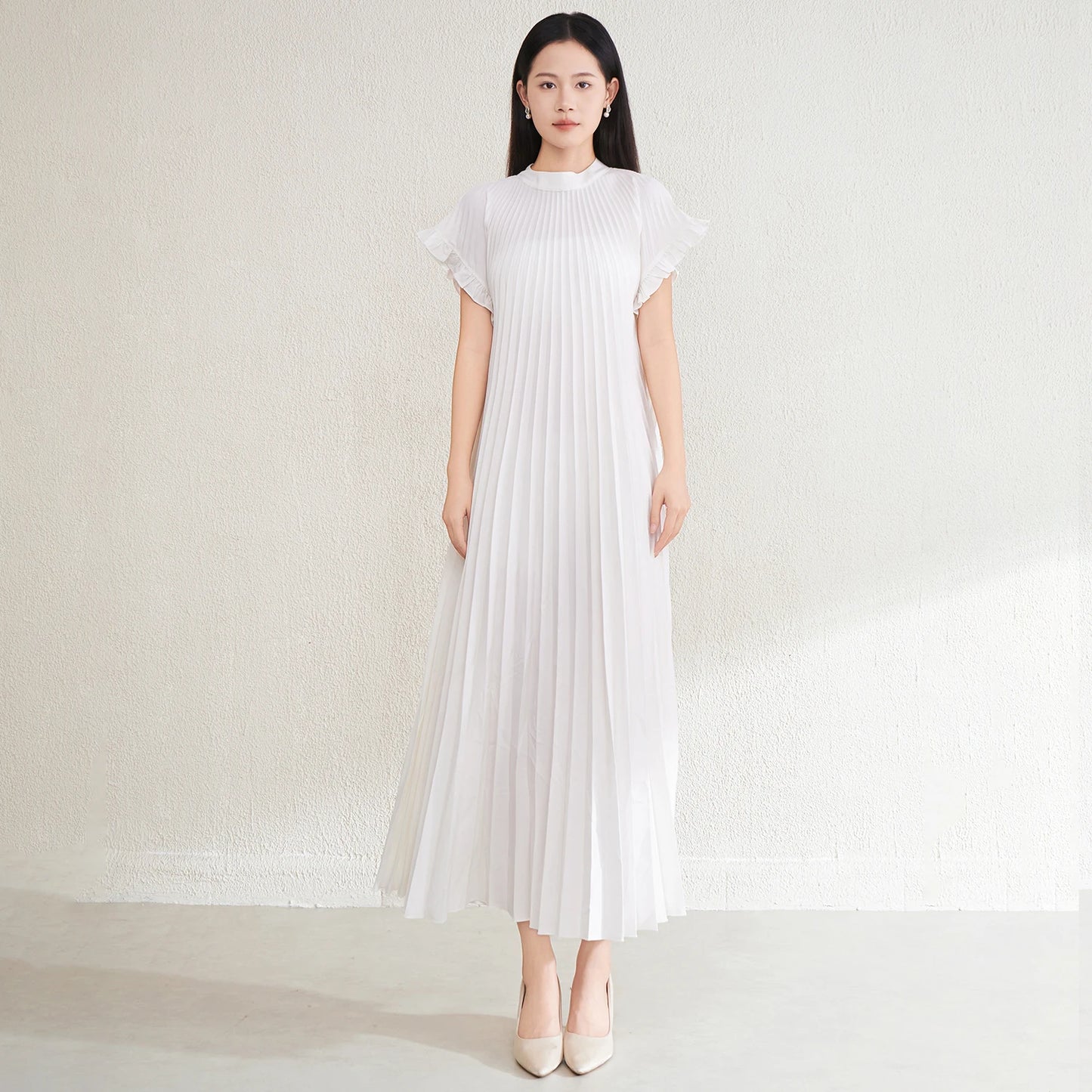 High Quality Pleated Dress Factory Direct Sales New Style Ruffle Short Sleeve Pleated Design Loose Elegant Midi Casual Dress