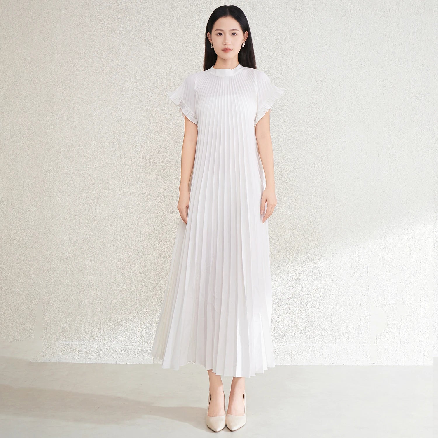 High Quality Pleated Dress Factory Direct Sales New Style Ruffle Short Sleeve Pleated Design Loose Elegant Midi Casual Dress