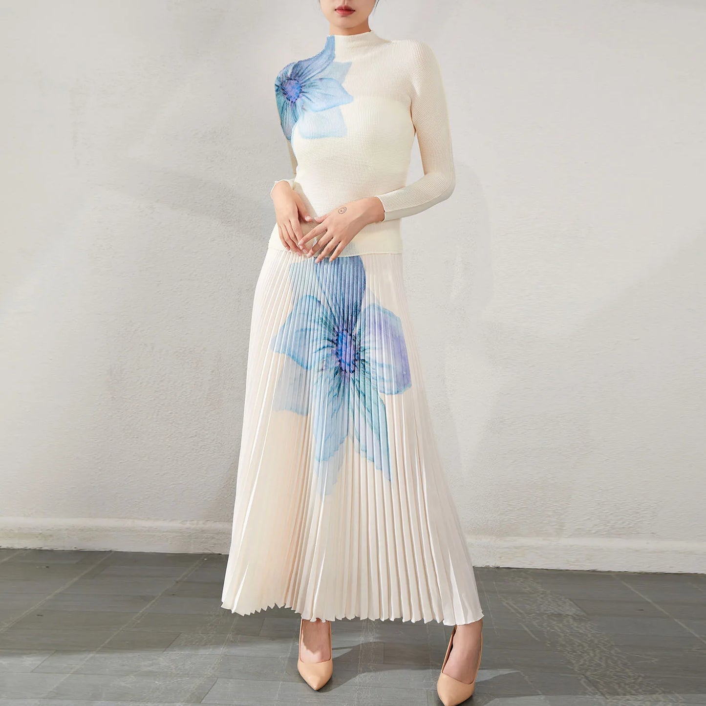 Middle Eastern Women'S Printed Pleated Co-Ord Set Long-Sleeve Top and Long Pleated Skirt Two-Piece Outfit Woven
