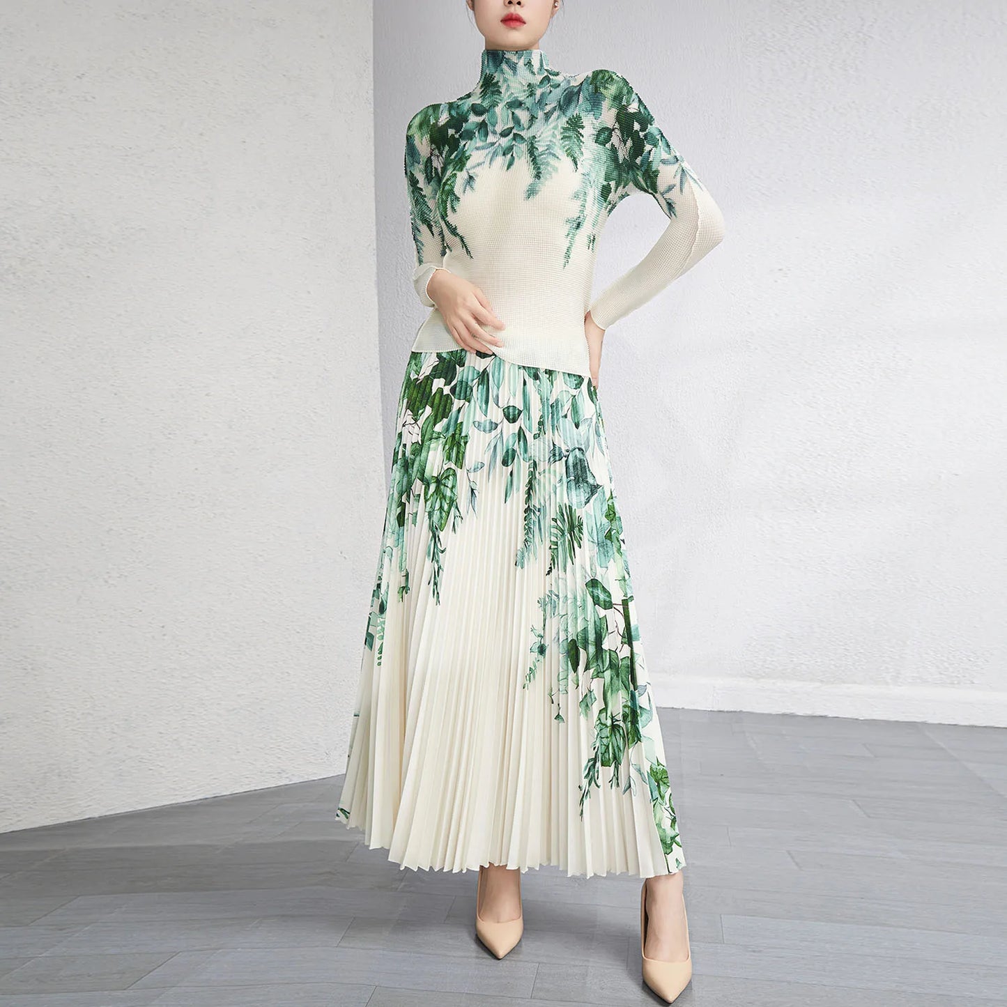 Miyake Pleated Skirt Sets Women 2 Piece Set Elastic Turtleneck Long Sleeve Shirt Printed Long Pleated Skirt Set