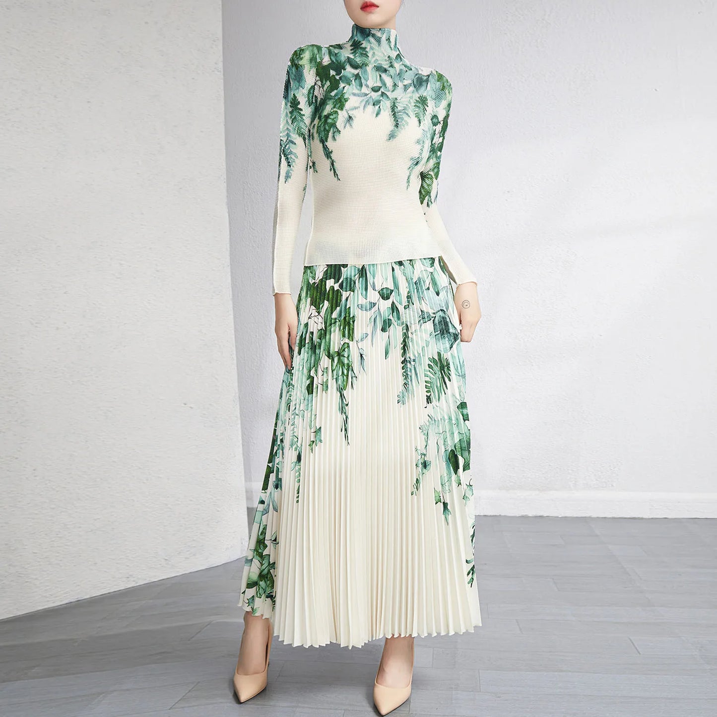 Miyake Pleated Skirt Sets Women 2 Piece Set Elastic Turtleneck Long Sleeve Shirt Printed Long Pleated Skirt Set