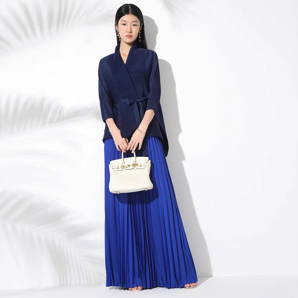 Pleated Solid Fashionable Elegant Suit Women Turn-Down Collar Three-Quarter Sleeves Irregular Tie Top High-Waisted Draped Long