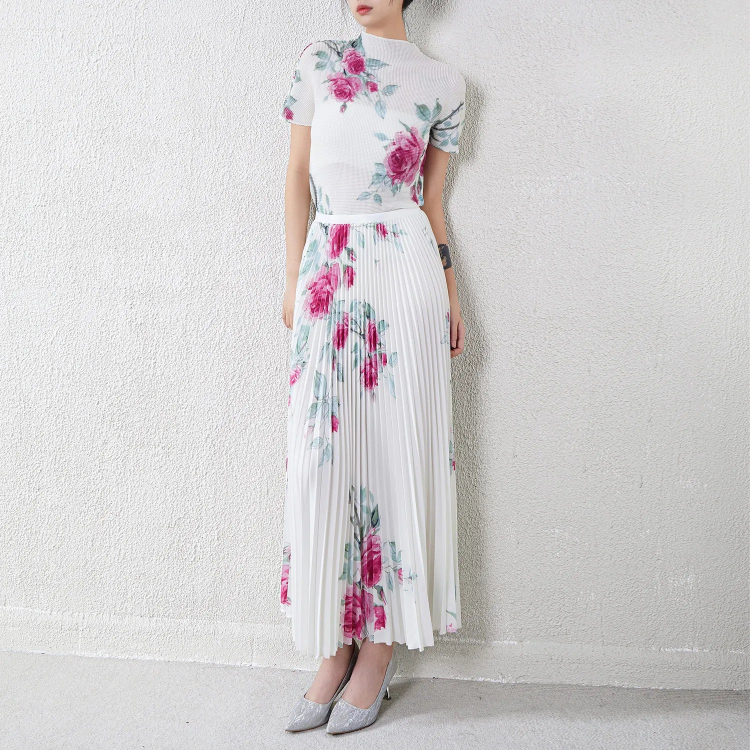 Miyake Women'S Fashion Flower Set Short Sleeve Elastic Waist Flower Print Pleated Skirt Two-Piece Set