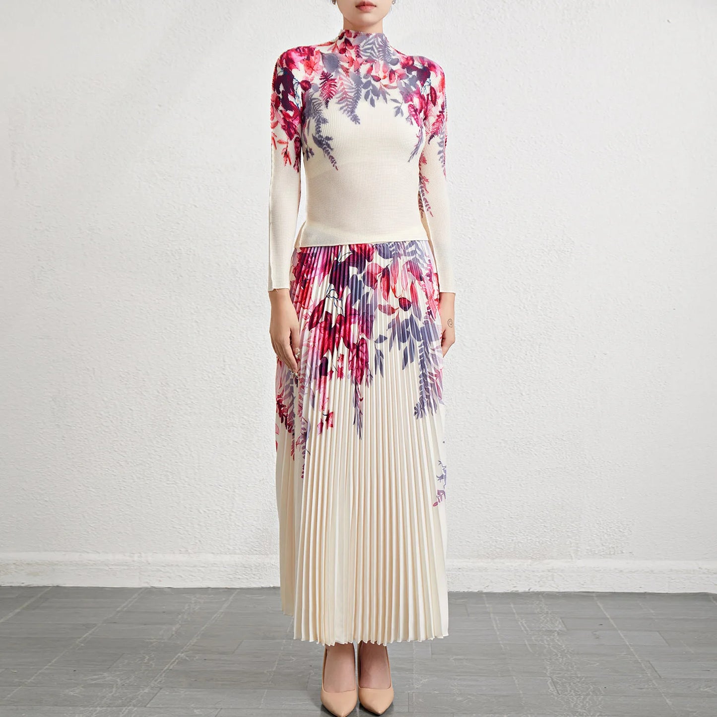 Miyake Pleated Skirt Sets Women 2 Piece Set Elastic Turtleneck Long Sleeve Shirt Printed Long Pleated Skirt Set
