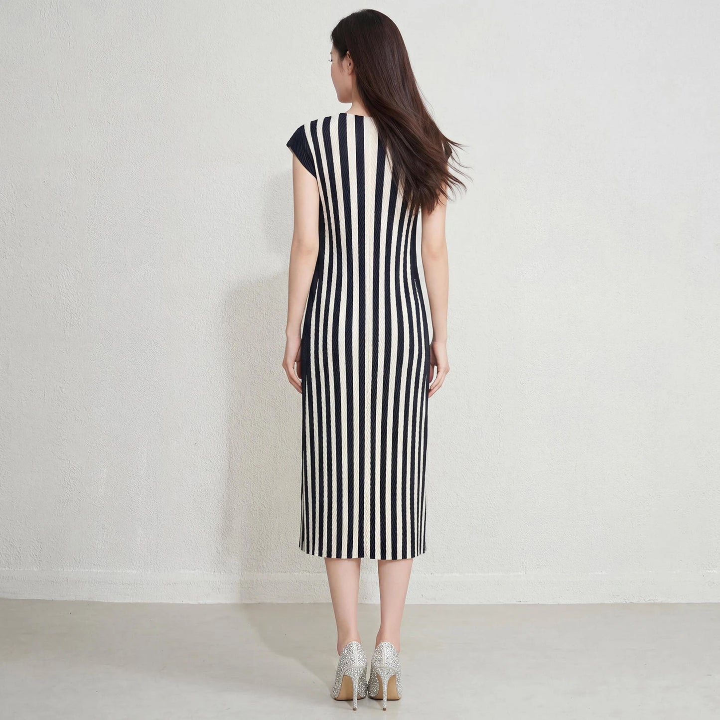 Design Women'S Casual Short Sleeve Striped Dress Miyake Pleated Dress