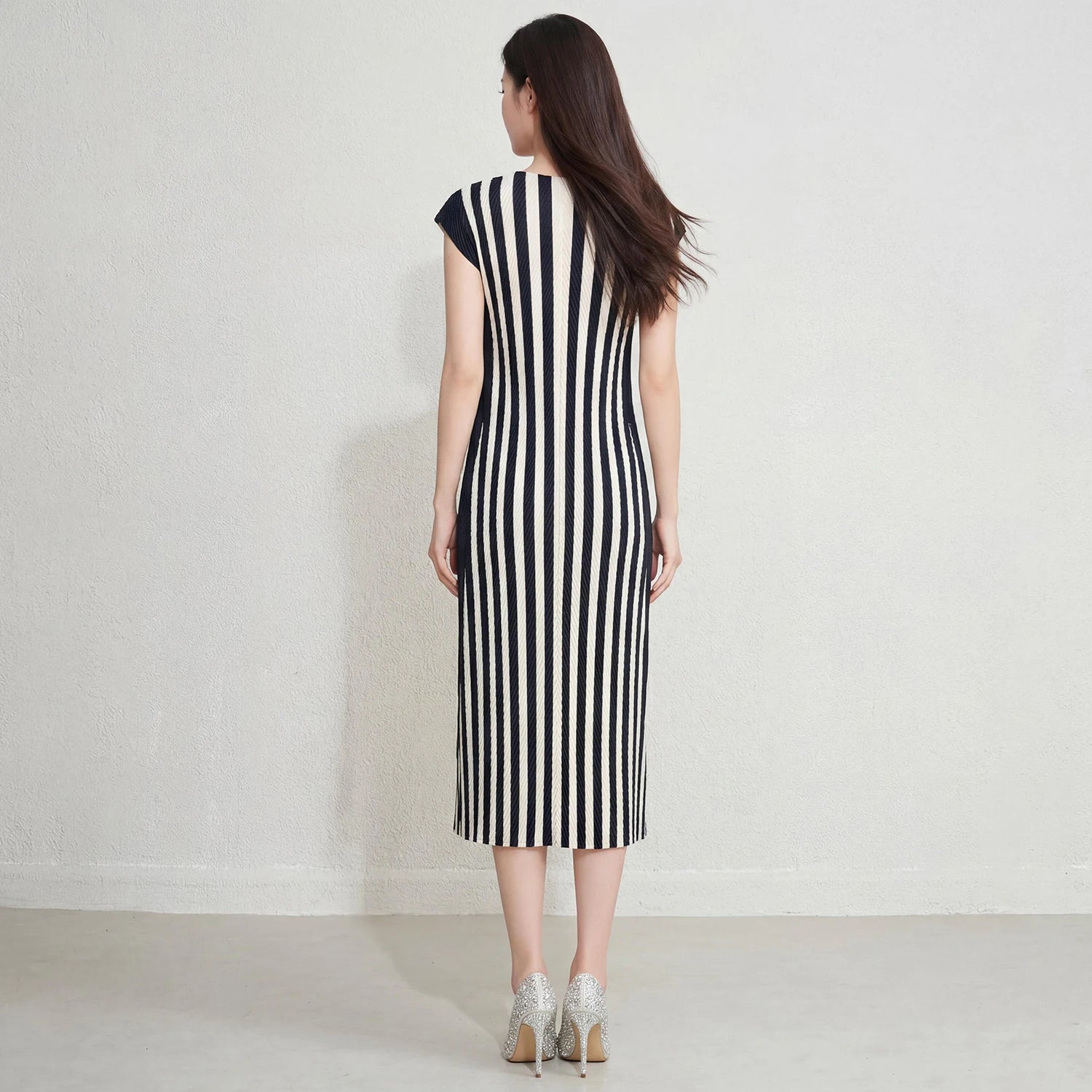 Design Women'S Casual Short Sleeve Striped Dress Miyake Pleated Dress