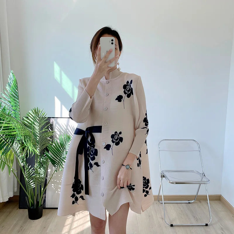 Summer Printing Pleats Dress Knee-Length Pleated Dresses All-Match Loose Women'S plus Size Casual Clothing
