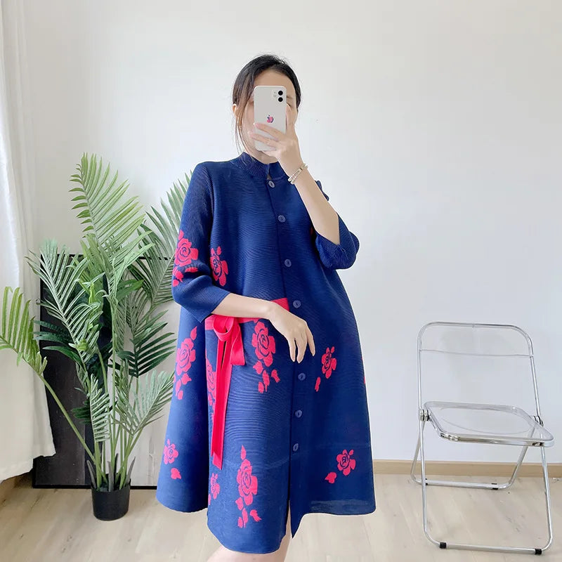 Summer Printing Pleats Dress Knee-Length Pleated Dresses All-Match Loose Women'S plus Size Casual Clothing