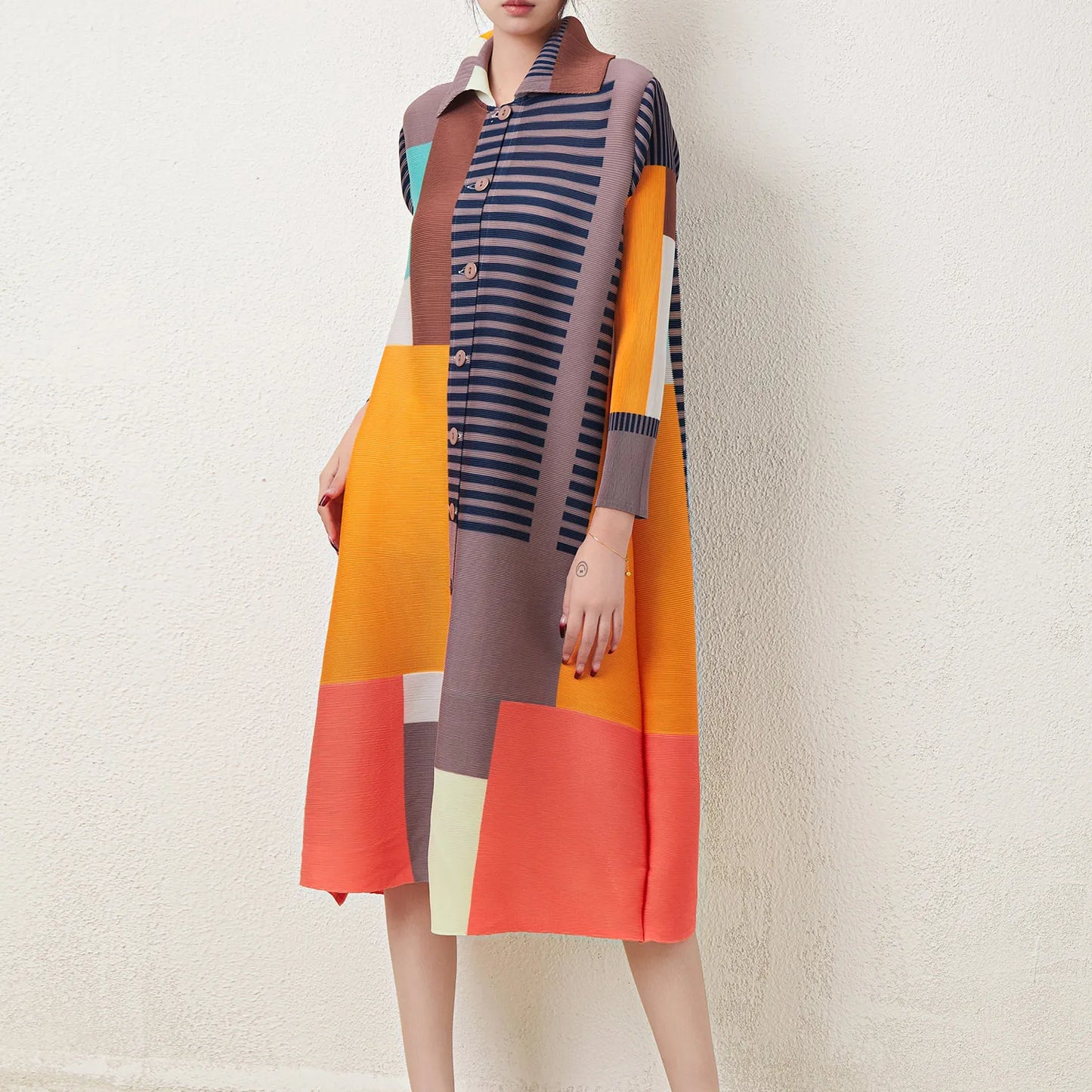 Latest Miyake Pleated Dress Women'S Casual Dress Print Loose Elastic Stretch Color Block plus Size Shirt Dresses