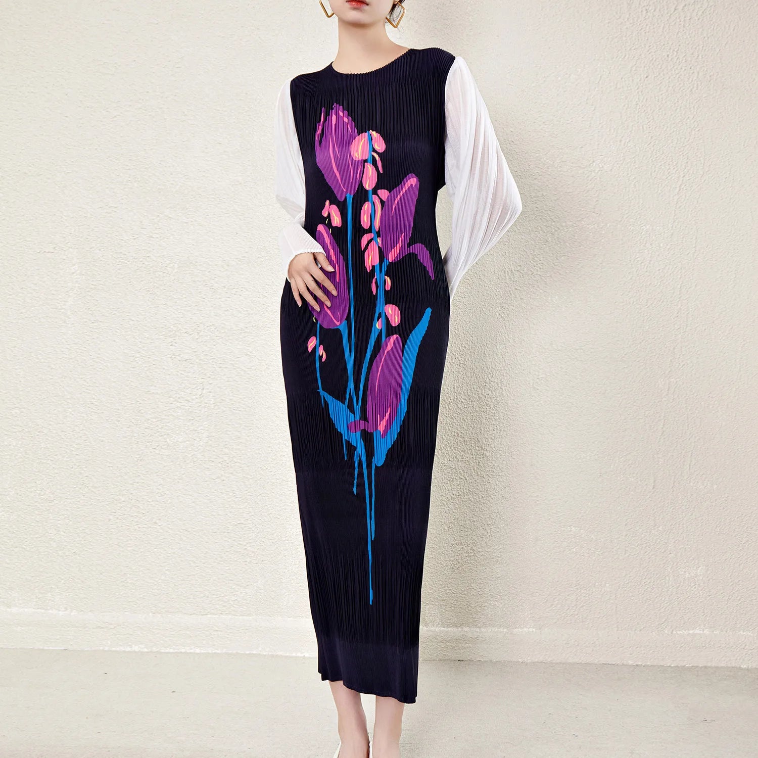  Pleated Stretch plus Size Women'S Long Sleeve Long Dress Fashionable Pleated Miyake Print Women'S Casual Dress
