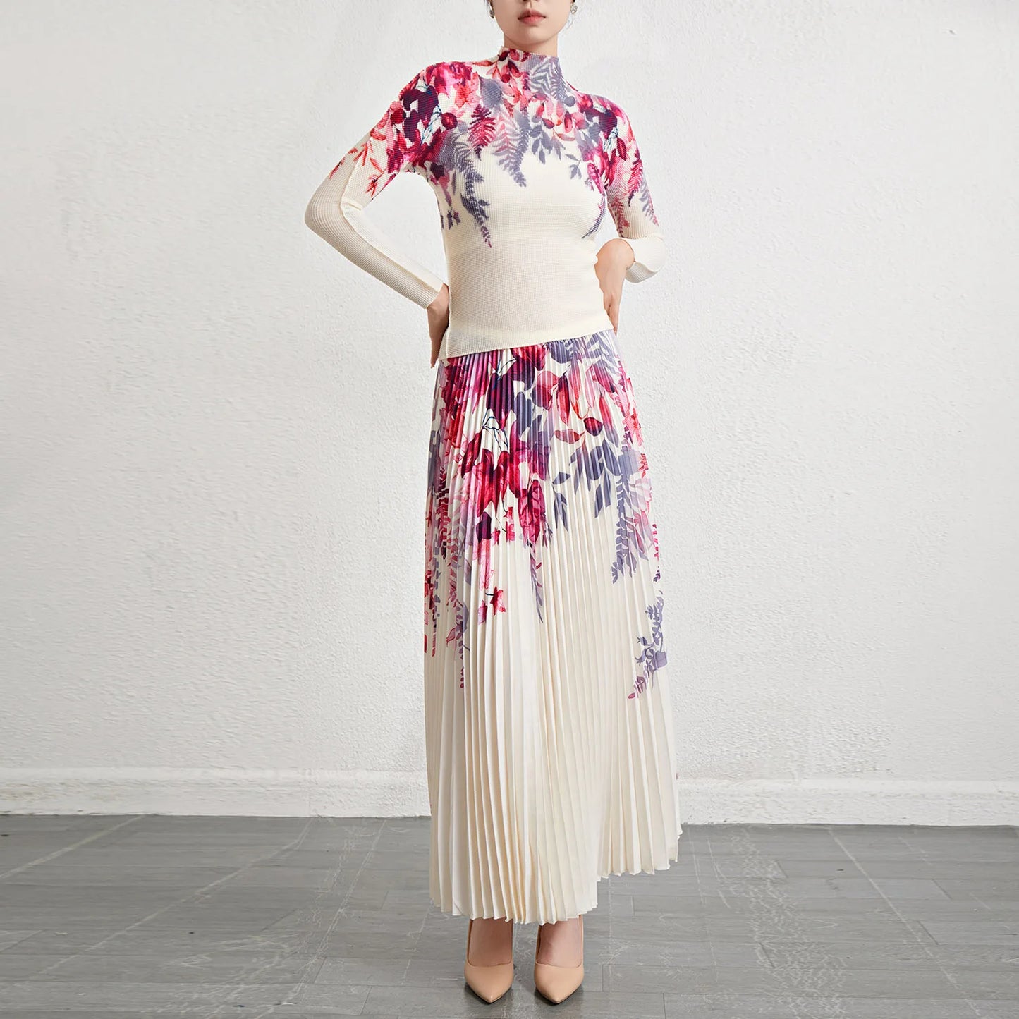 Miyake Pleated Skirt Sets Women 2 Piece Set Elastic Turtleneck Long Sleeve Shirt Printed Long Pleated Skirt Set