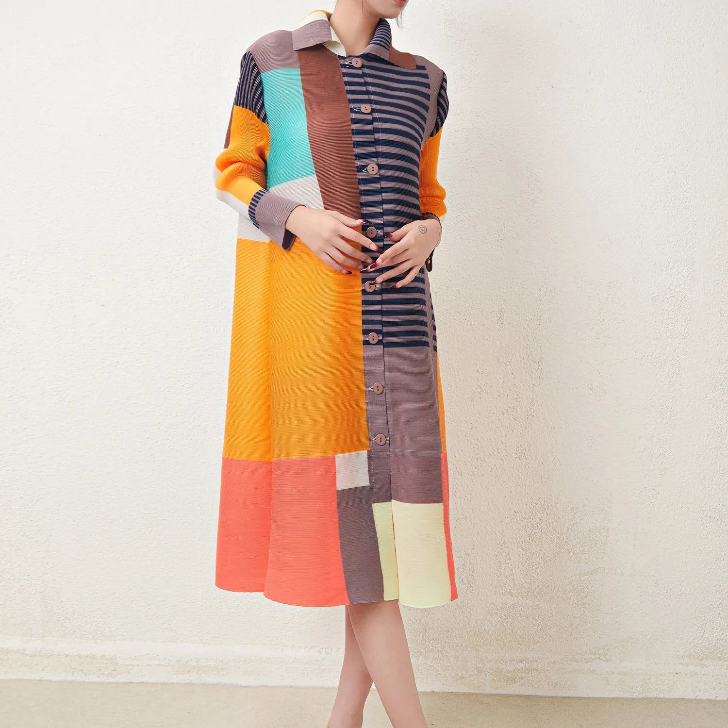 Latest Miyake Pleated Dress Women'S Casual Dress Print Loose Elastic Stretch Color Block plus Size Shirt Dresses