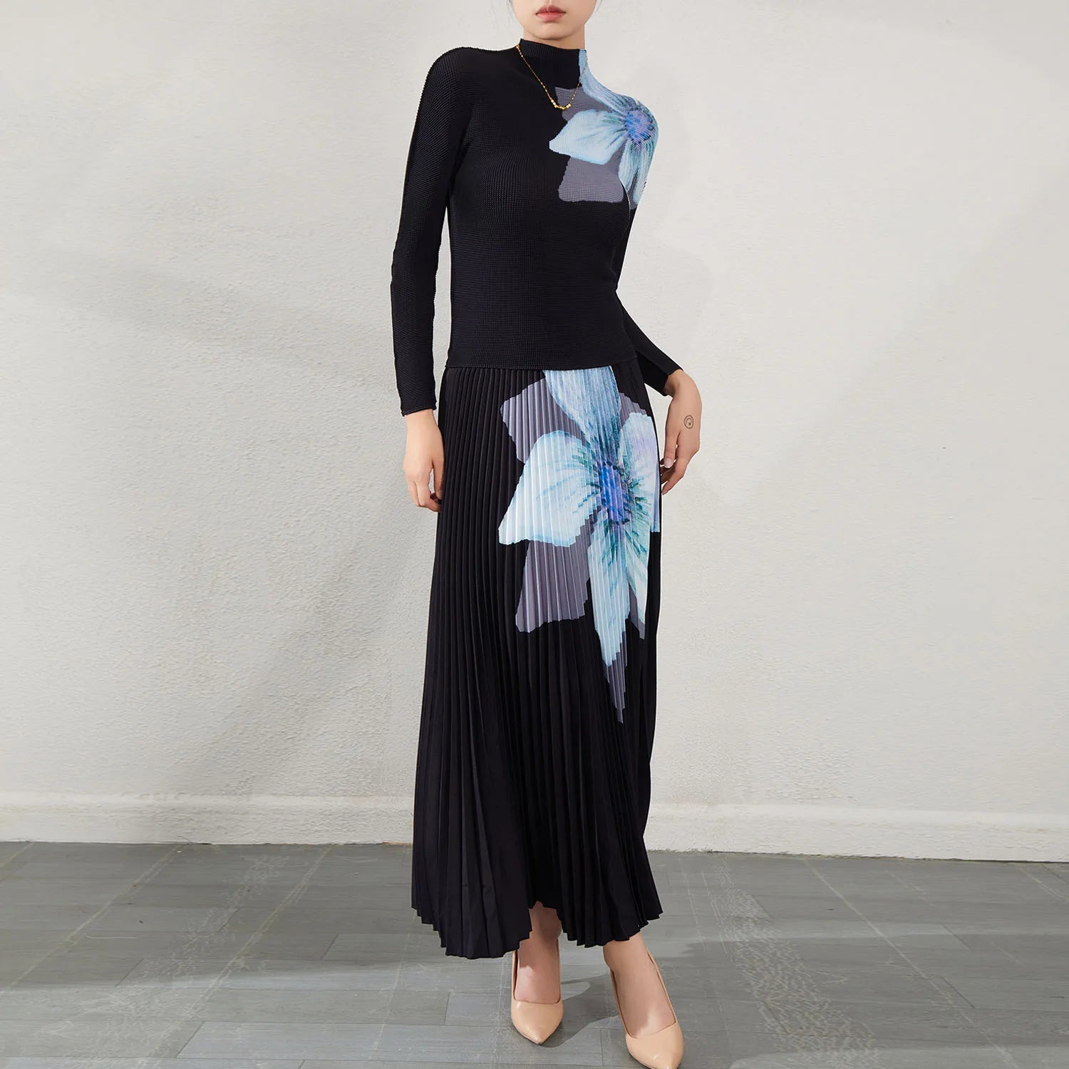 Middle Eastern Women'S Printed Pleated Co-Ord Set Long-Sleeve Top and Long Pleated Skirt Two-Piece Outfit Woven