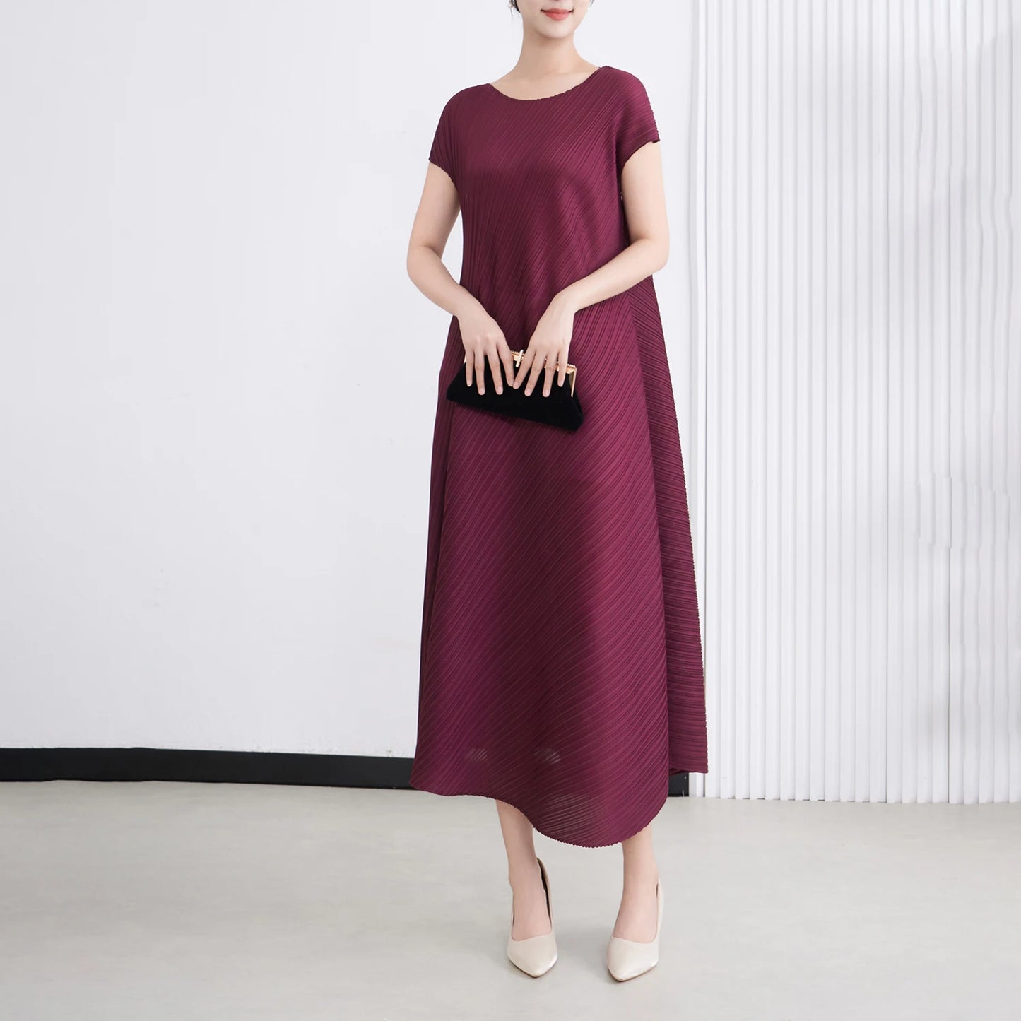 Miyake Woven Washable Pleated Maxi A-Line Dress Women'S Casual Short Sleeve Solid