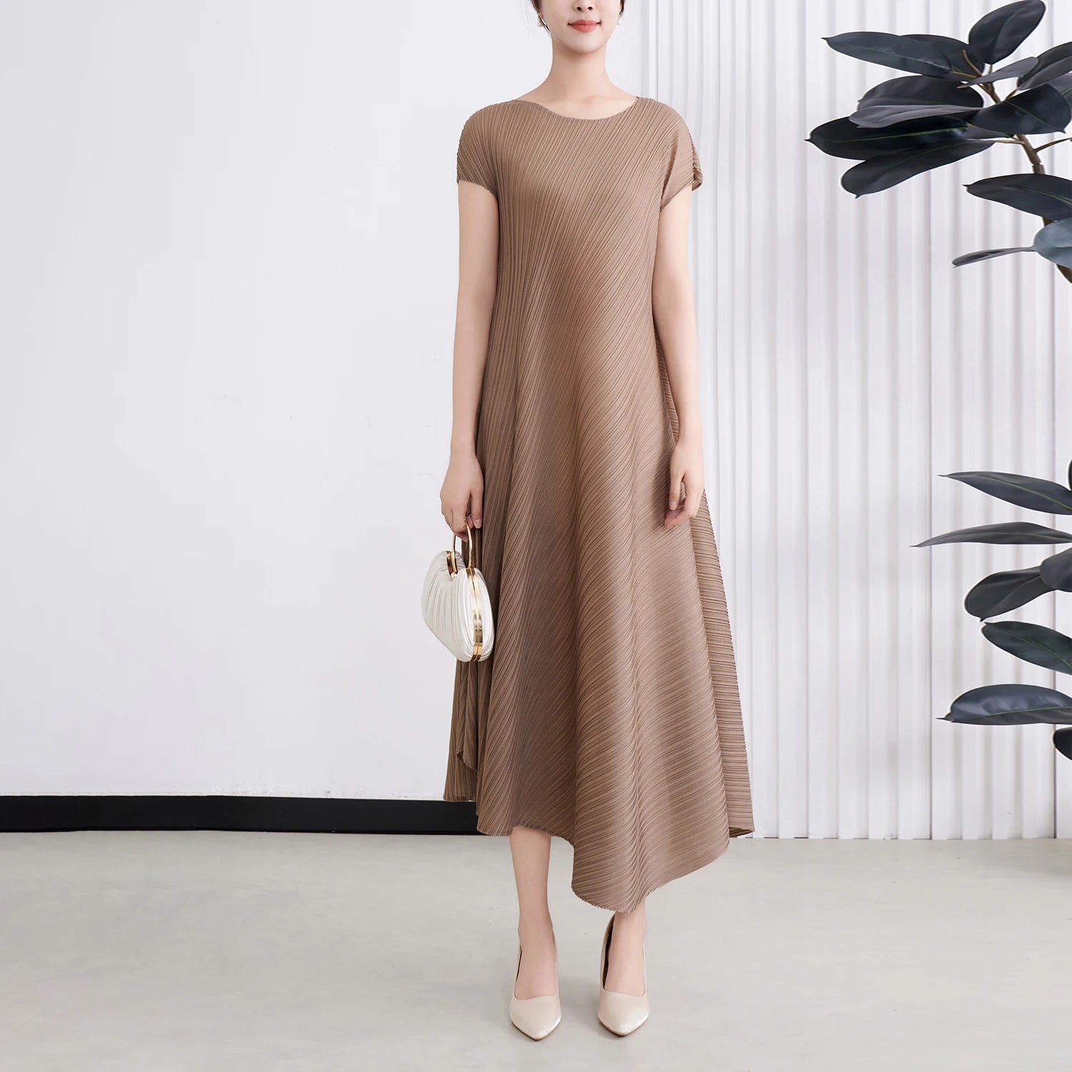 Miyake Woven Washable Pleated Maxi A-Line Dress Women'S Casual Short Sleeve Solid
