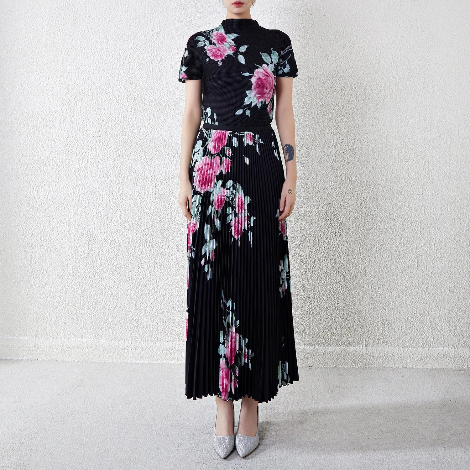 Miyake Women'S Fashion Flower Set Short Sleeve Elastic Waist Flower Print Pleated Skirt Two-Piece Set