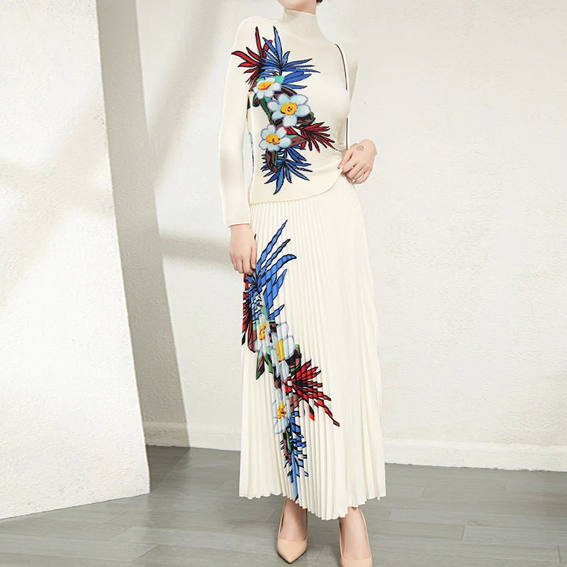 High Quality Pleat Printed Casual Style Women 2 Pieces Sets Long-Sleeve Shirt and Long Pleated Skirt Two Piece Set
