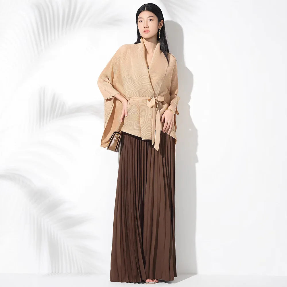 Pleated Solid Fashionable Elegant Suit Women Turn-Down Collar Three-Quarter Sleeves Irregular Tie Top High-Waisted Draped Long