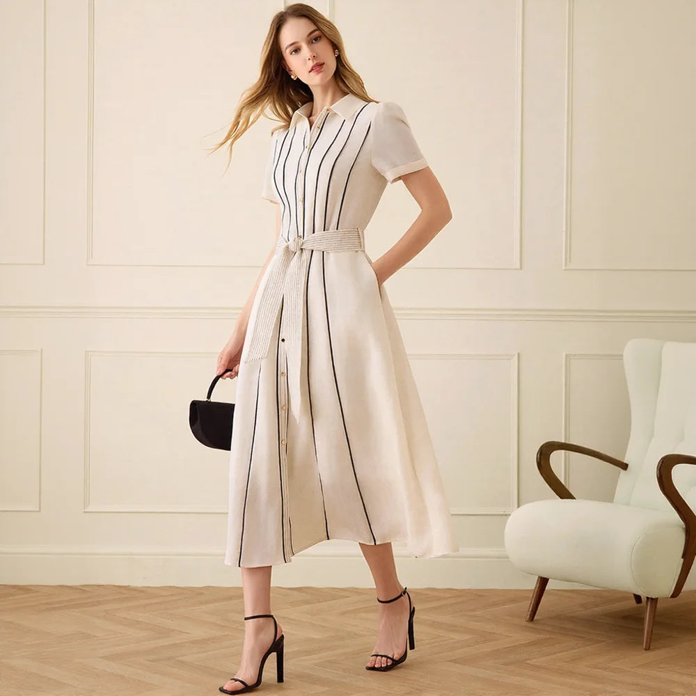 Empire Casual Striped Shirt Dress Short Sleeve Belted Waist Midi Length Office Wear Breathable 