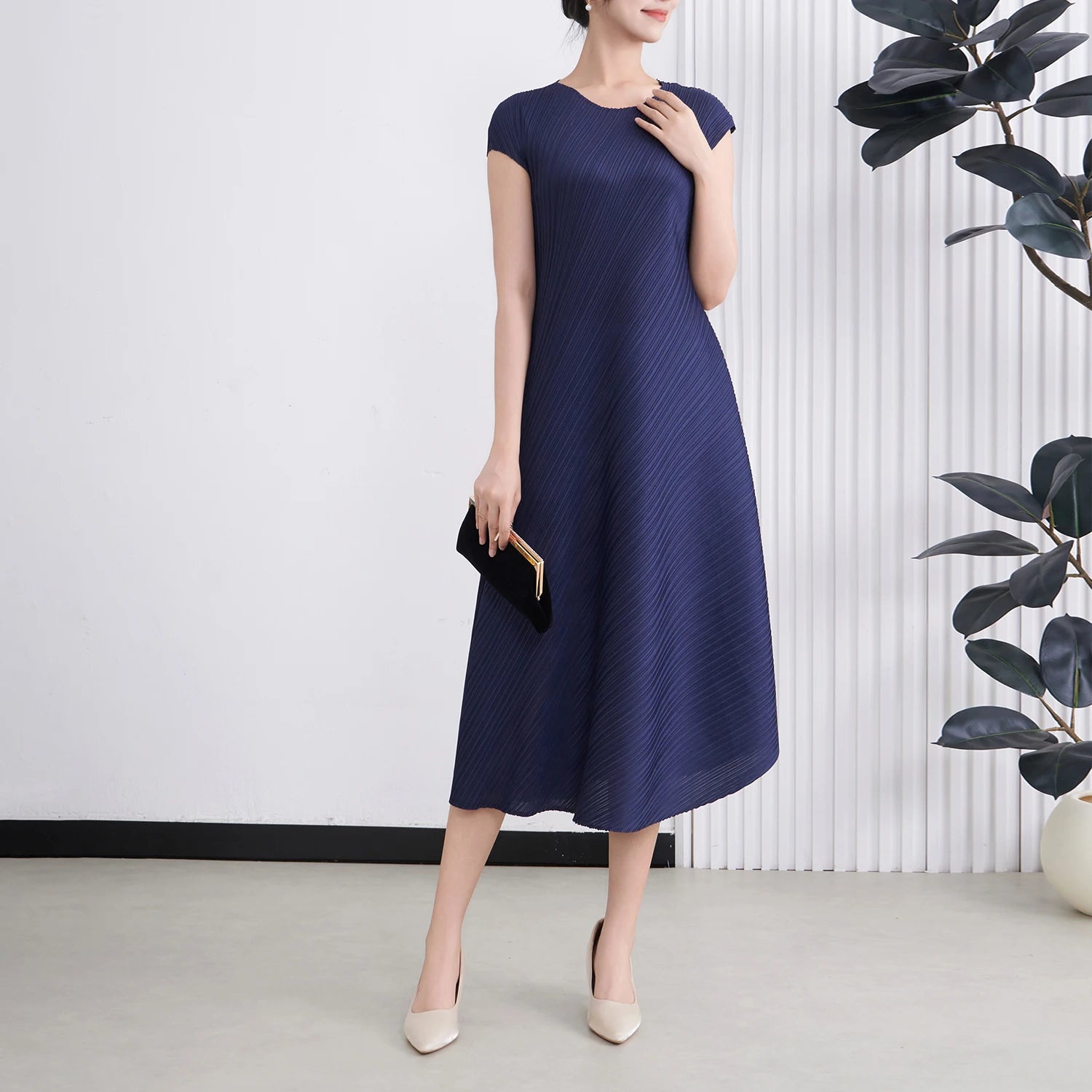 Miyake Woven Washable Pleated Maxi A-Line Dress Women'S Casual Short Sleeve Solid