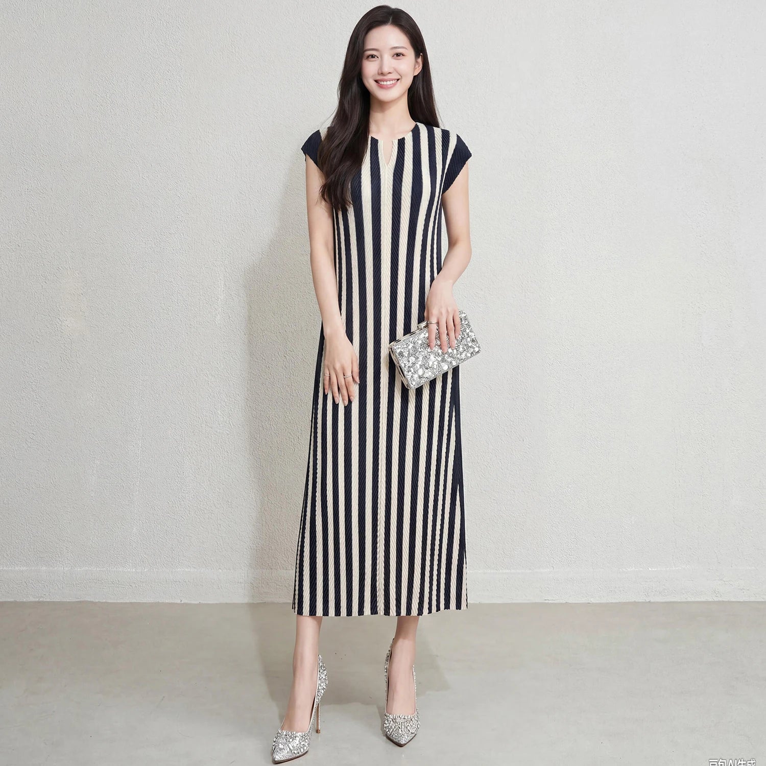 Design Women'S Casual Short Sleeve Striped Dress Miyake Pleated Dress