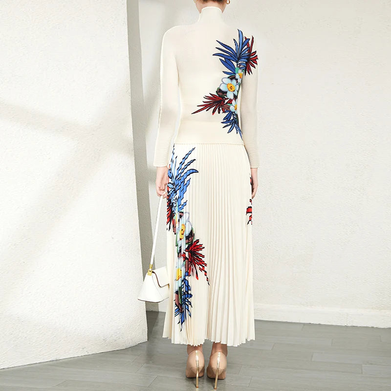 High Quality Pleat Printed Casual Style Women 2 Pieces Sets Long-Sleeve Shirt and Long Pleated Skirt Two Piece Set
