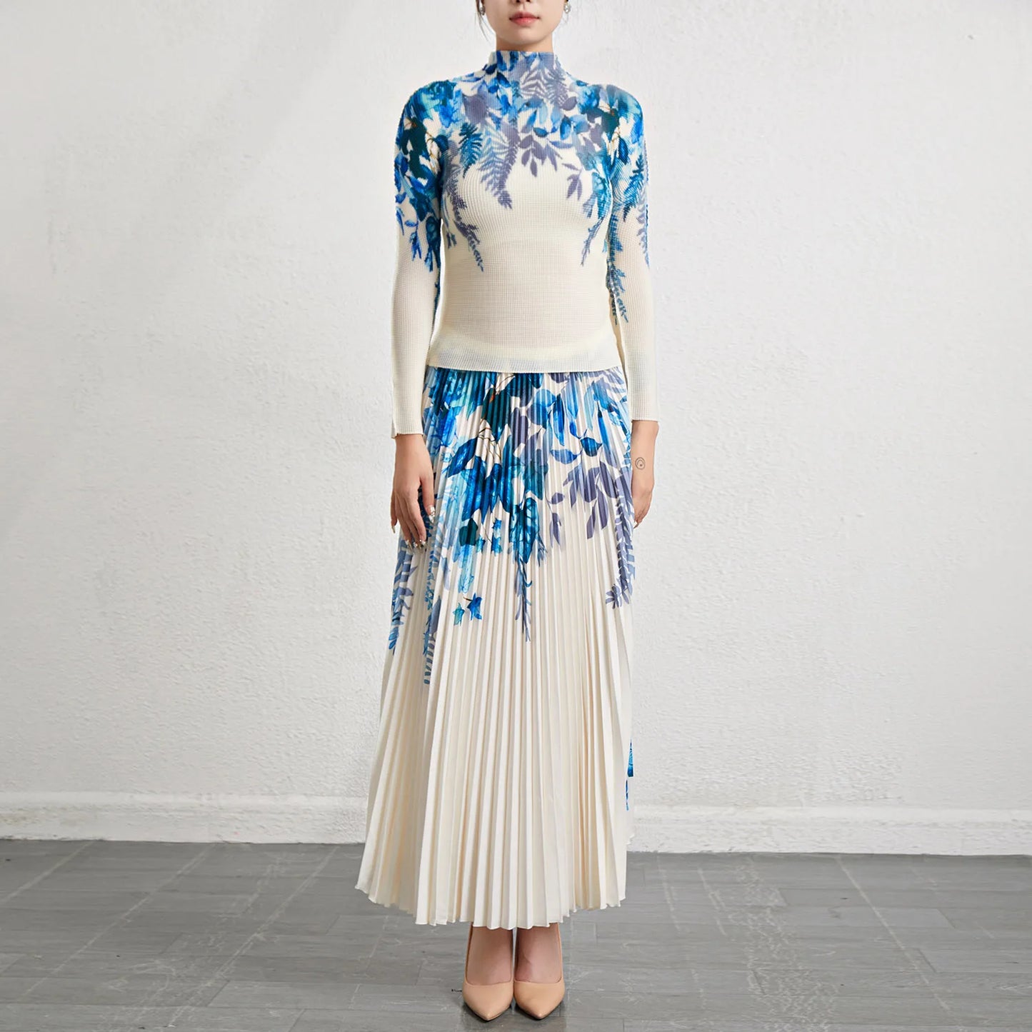Miyake Pleated Skirt Sets Women 2 Piece Set Elastic Turtleneck Long Sleeve Shirt Printed Long Pleated Skirt Set