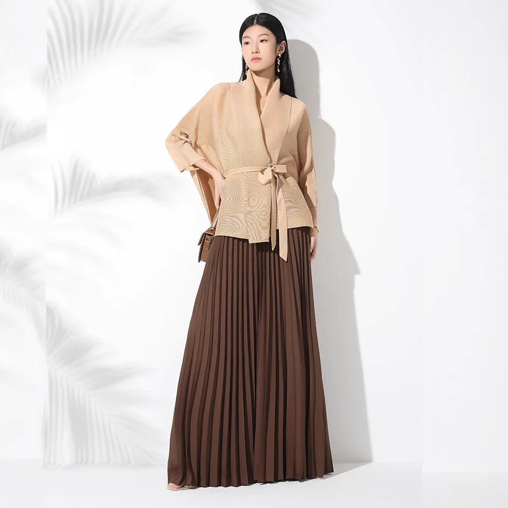 Pleated Solid Fashionable Elegant Suit Women Turn-Down Collar Three-Quarter Sleeves Irregular Tie Top High-Waisted Draped Long